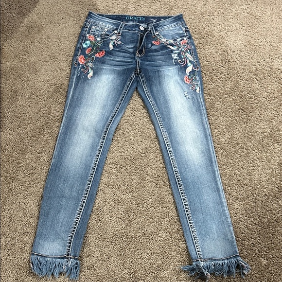 Grace Blue Floral Embroidered Flare Jeans - Picture 9 of 9
